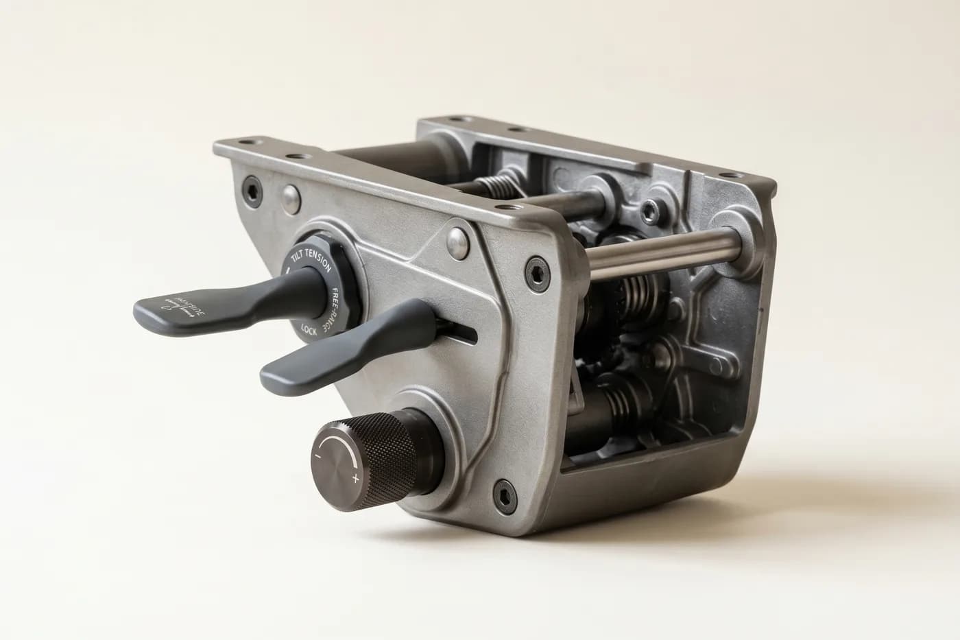 Office-chair tilt mechanism in graphite metal with paddle levers