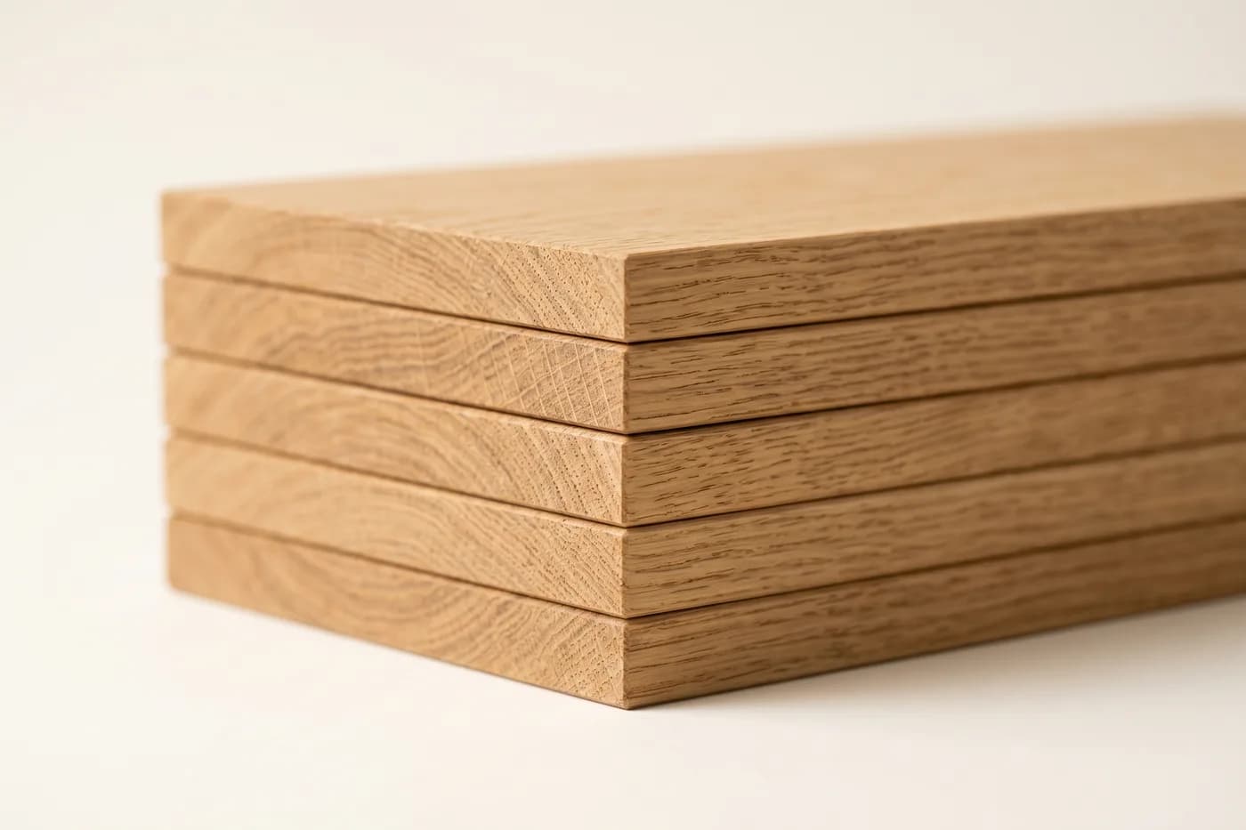 Stacked furniture-grade wood panels with matched oak grain and sealed edge banding
