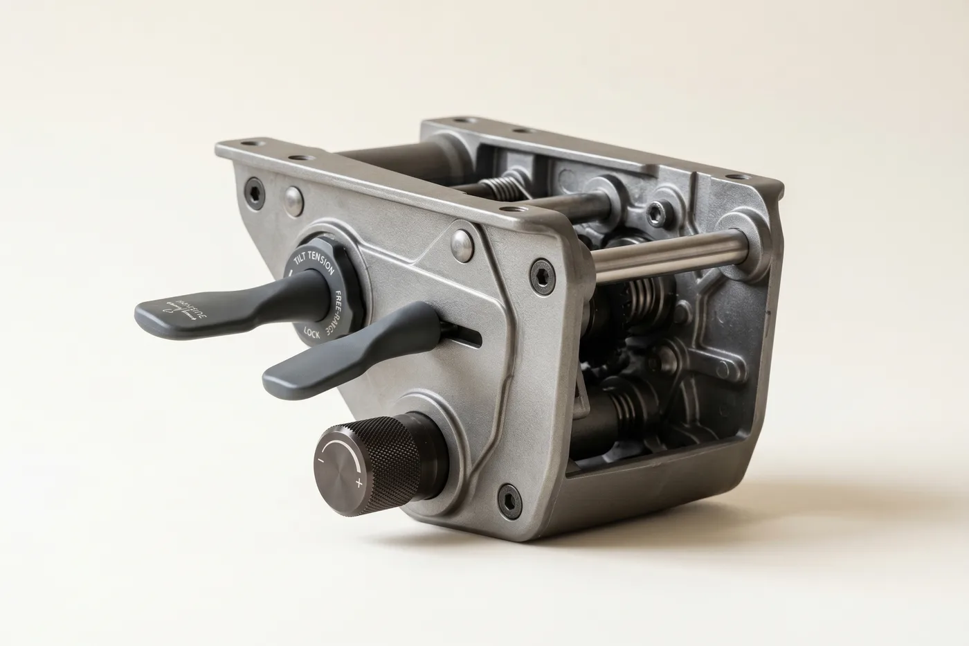 Office-chair tilt mechanism in graphite metal with paddle levers
