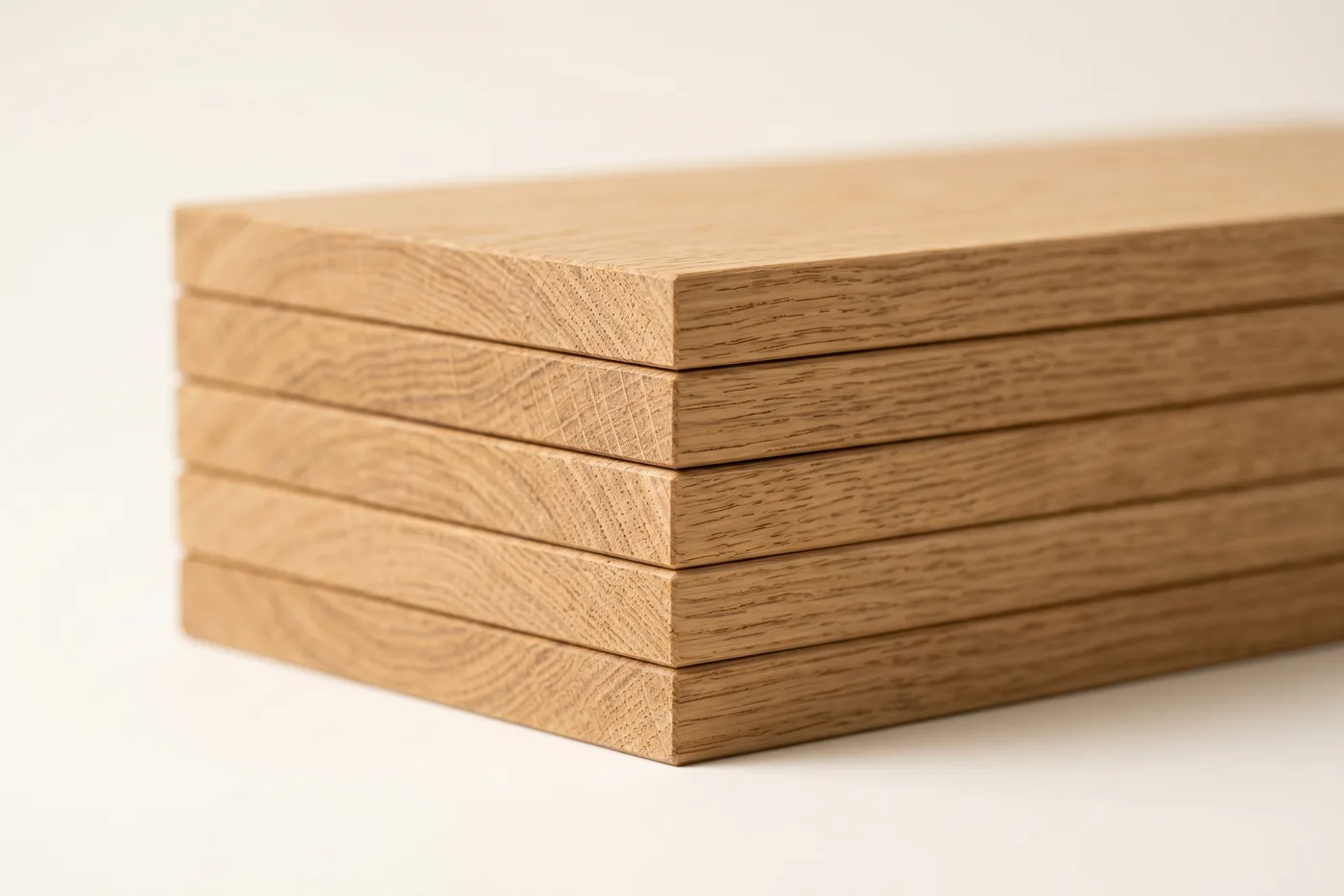 Stacked furniture-grade wood panels with matched oak grain and sealed edge banding